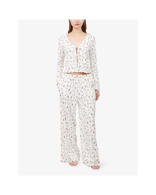 WE Are Tala White Graphic-Pattern V-Neck Cotton Pyjama Top
