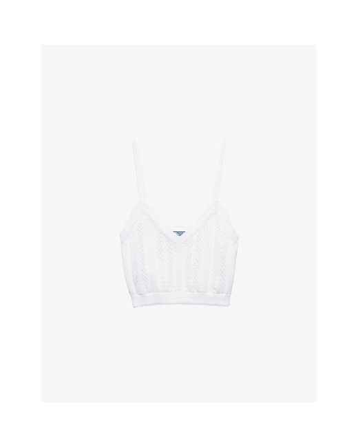 Prada White V-Neck Cotton-Knit Crop Top