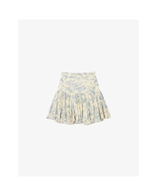 Sandro White Soft Flowers-print Linen-blend Mini Skirt