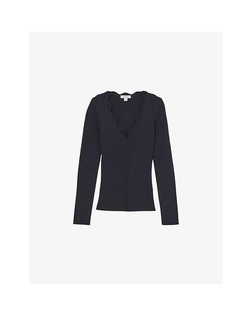 Reiss Blue Lara Crochet-Trim Knitted Top