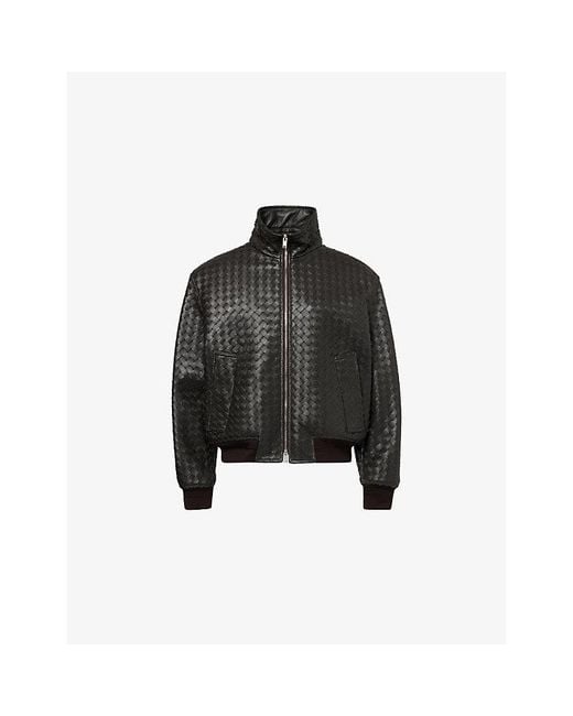 Bottega Veneta Black Intrecciato Funnel-Neck Leather Jacket for men