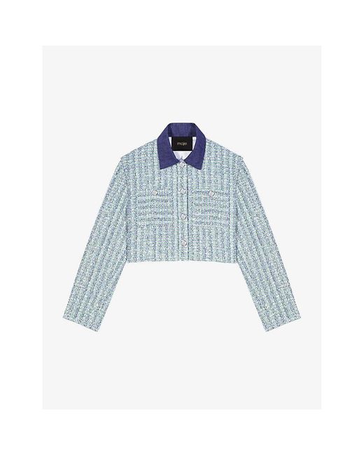 Maje Blue Contrast-tweed Cropped Cotton-blend Blazer
