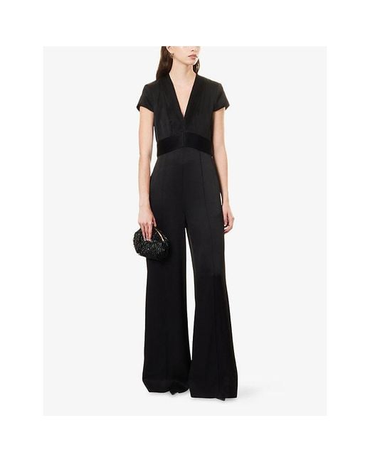ME+EM Black Pintuck V-Neck Satin Jumpsuit