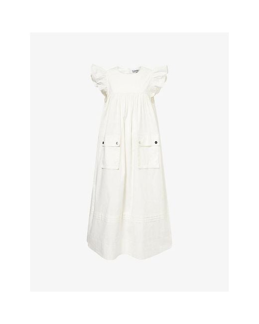 残り僅か【GANNI】Frilled-Sleeve コットンミディドレス Black Black Stretch Cotton Frill Sleeve Dress | GANNI US