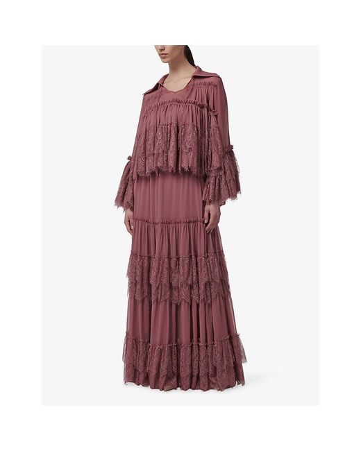 eem Red Circular Lace Maxi Skirt