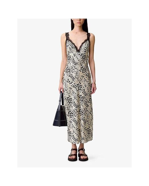 Claudie Pierlot Multicolor Animal-Print Lace-Trim Satin Midi Dress