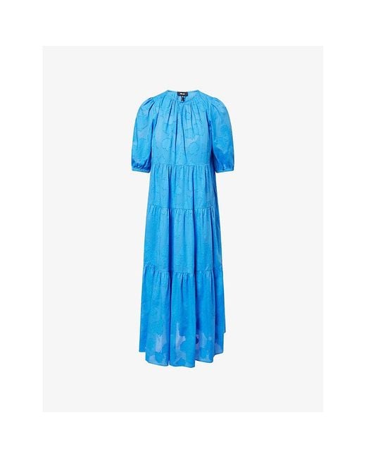 ME+EM Blue Jacquard Puffed-Sleeves Cotton-Poplin Maxi Dress