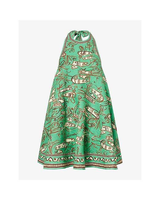 ALÉMAIS Green Fish Sticks Printed Linen Mini Dress