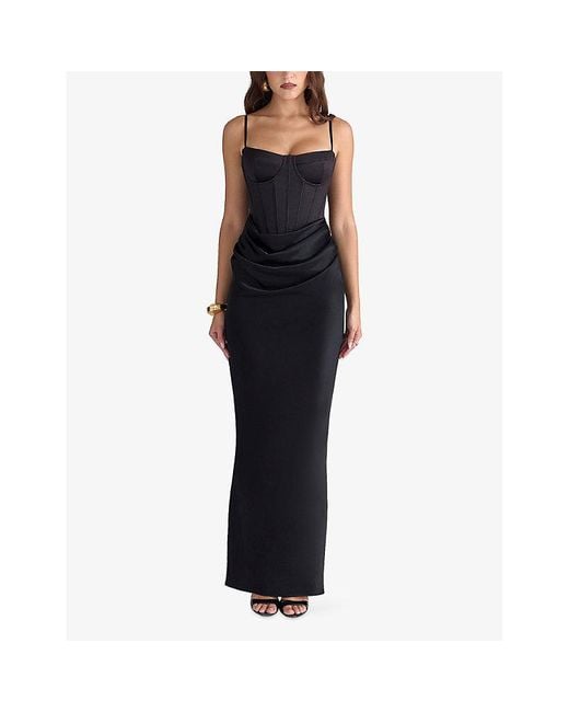 House Of Cb Black Valentina Draped Corset Satin Maxi Dress Xs (A-C Cup)