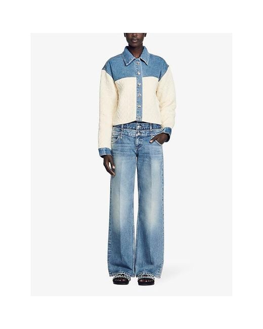 Sandro Blue Split-design Cropped Denim And Stretch-woven Jacket