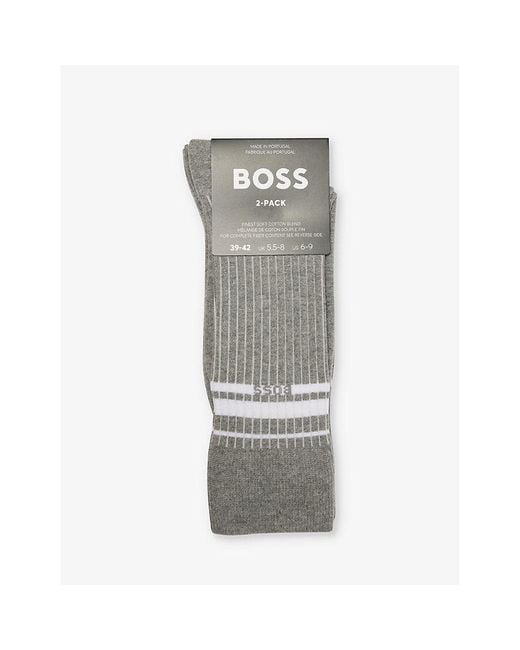 Boss Gray Stripe-pattern Pack Of Two Stretch-cotton Blend Socks for men