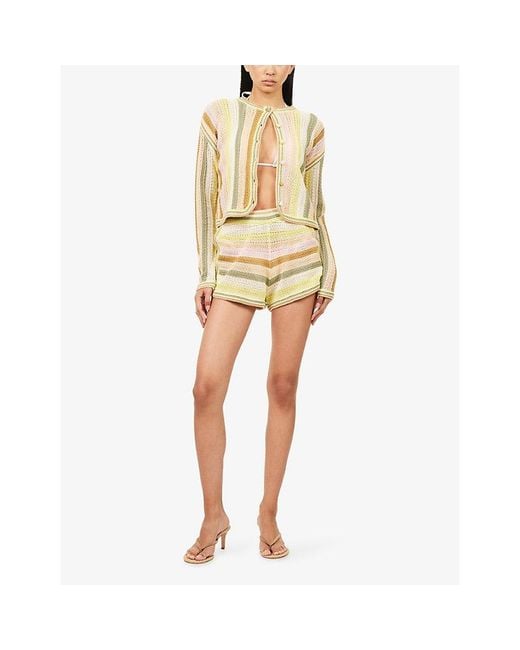 Zimmermann Yellow Indra Stripe Crochet Cotton Shorts