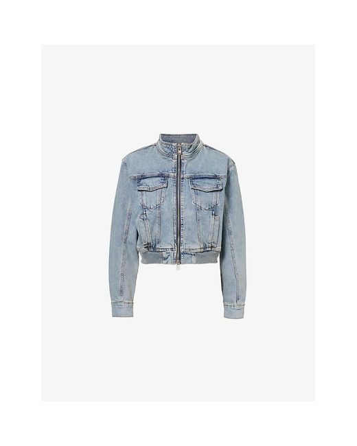 GOOD AMERICAN Blue Cropped Ribbed-Trims Relaxed-Fit Denim Jacket