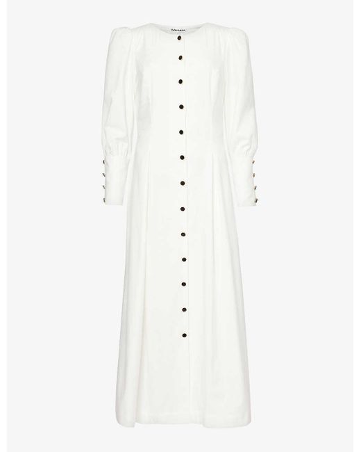 Reformation White Halia Puffed-sleeve Stretch Organic-cotton Midi Dress