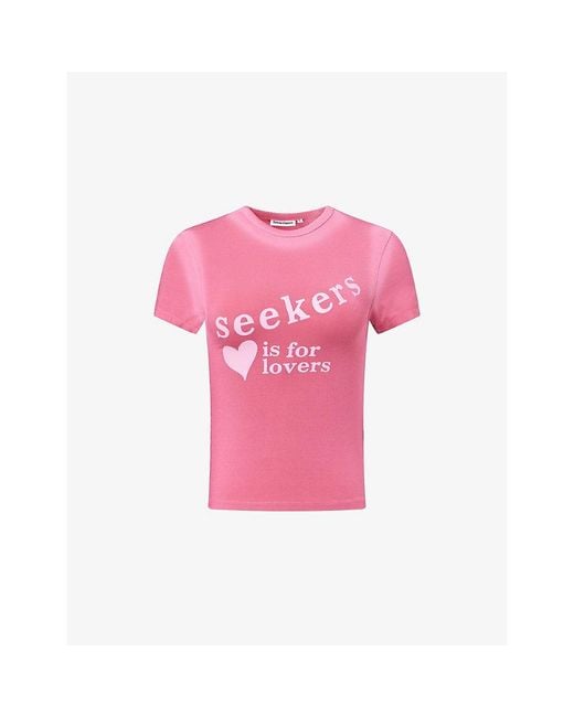 Sisters & Seekers Pink Lovers Logo-Print Stretch-Jersey T-Shirt