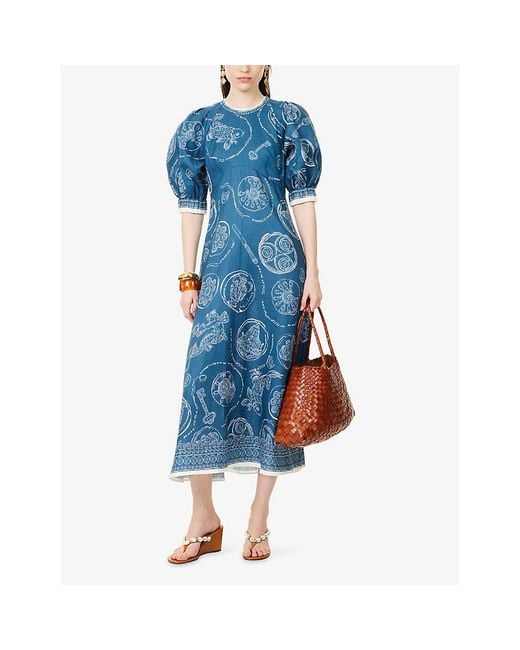 ALÉMAIS Blue Lucky Short-Sleeve Linen Midi Dress