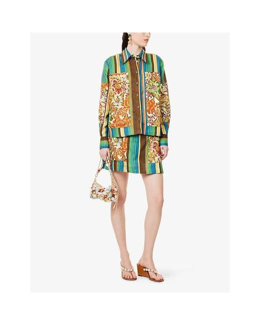 ALÉMAIS Green Charlie Striped-Floral Linen Mini Skirt