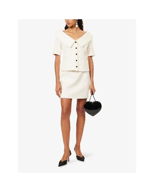 Alessandra Rich White Tweed Boucle Off-Shoulder Cotton Jacket
