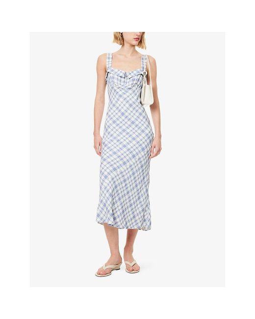 Reformation Blue Tancy Checked Crepe Midi Dress