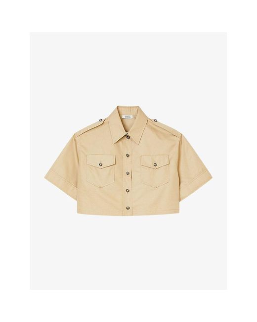 Sandro Natural Patch-pocket Cropped Cotton-blend Shirt