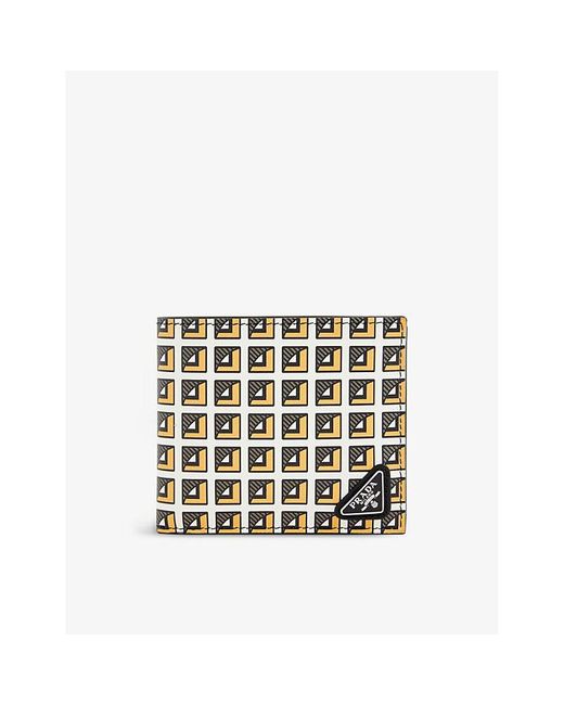 Prada White Logo-plaque Geometric-print Leather Wallet for men