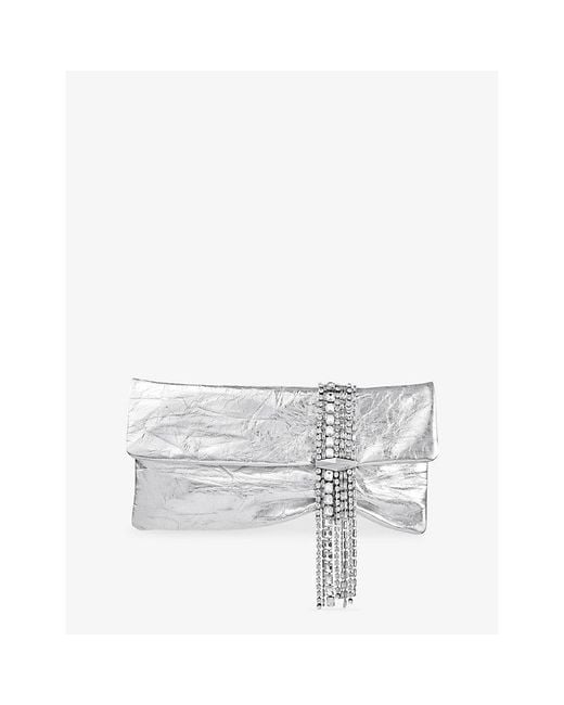 Jimmy Choo White Zandra Crystal-Embellished Metallic-Leather Clutch Bag