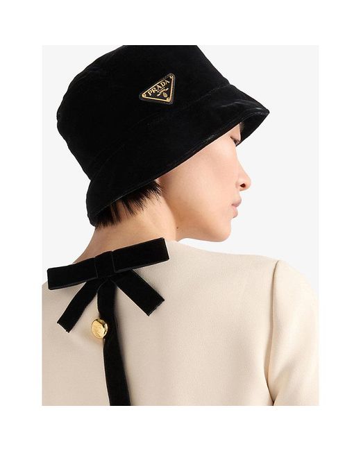 Prada Black Triangle-Logo Velvet Bucket Hat for men