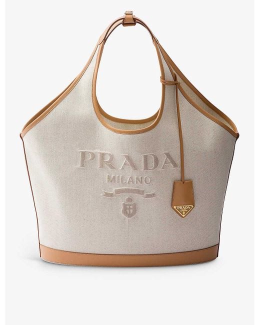 Prada Gray Logo-embossed Large Linen And Leather Tote Bag