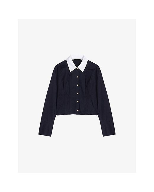Maje Blue Contrast-Collar Cropped Stretch-Cotton Poplin Shirt