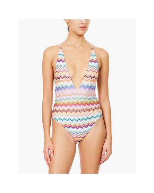 Missoni White Chevron Plunge Knit Swimsuit