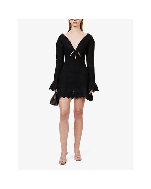 Self-Portrait Black Long-sleeved Cut-out Knitted Mini Dress