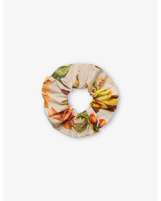 Prada Metallic Logo-plaque Floral-print Fabric Scrunchie
