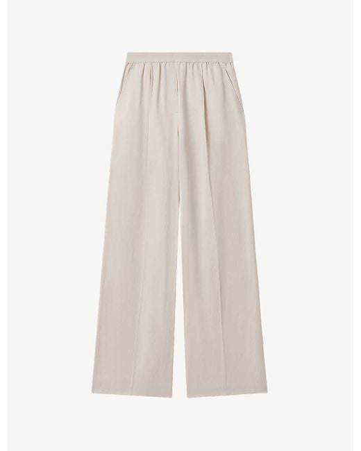 Reiss White Vera Elasticated-waistband Wide-leg Mid-rise Linen-blend Trousers