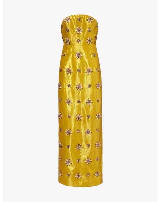 Huishan Zhang Yellow Lorena Floral-embellished Woven-blend Maxi Dress