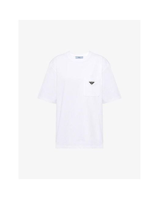 Prada White Logo-plaque Patch-pocket Cotton-jersey T-shirt X