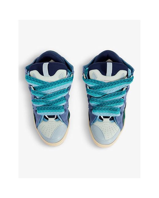 Lanvin Blue Curb Lace-Up Leather, Suede And Mesh Low-Top Trainers for men