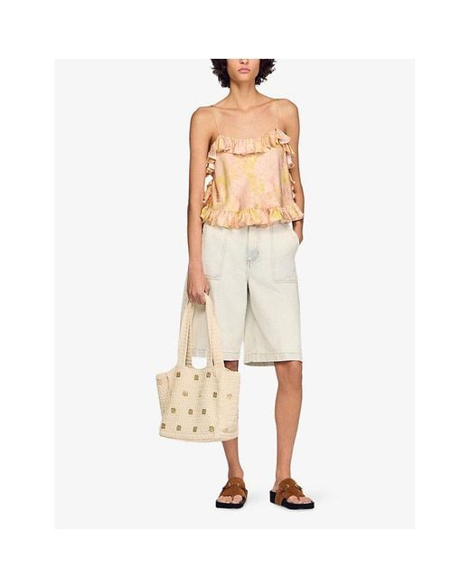 Sandro Natural Cropped Flower-Print Woven Cami Top