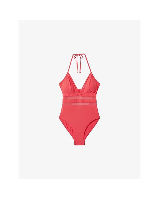 Reiss Red Hope Mesh-insert Tie-neck Stretch-cotton Swimsuit