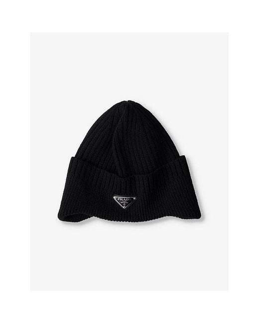 Prada Black Logo-Embellished Ribbed Wool Beanie for men