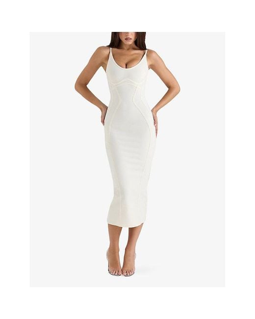 House Of Cb White The Sculpt Halter-Neck Bandage Stretch-Woven Midi Dress Xs (A-C Cup)