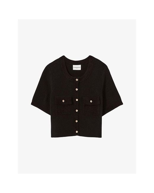 Claudie Pierlot Black Short-Sleeve Velvet Knit Cardigan