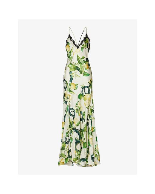 Roberto Cavalli Green V-neck Graphic-print Silk Maxi Dress