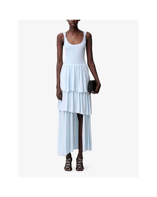 Claudie Pierlot Blue Scoop-Neck Ruffle-Skirt Knitted Maxi Dress