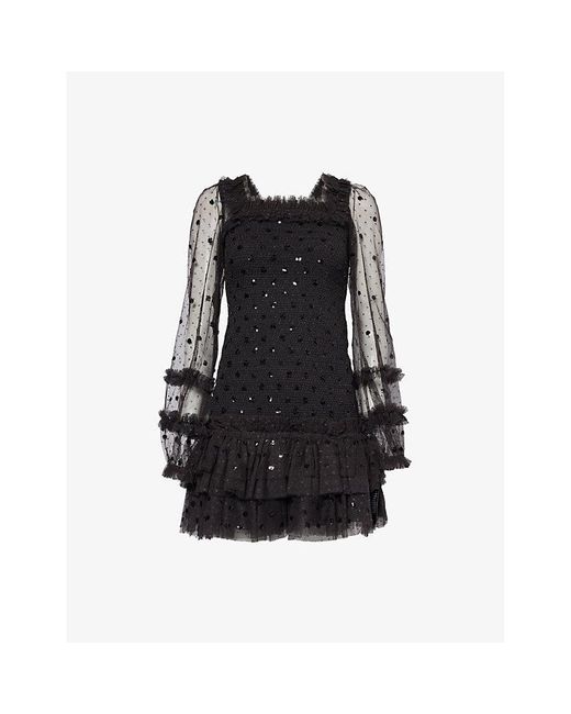 Needle & Thread Black Polka Dot Sequin-embellished Recycled-polyester Mini Dress