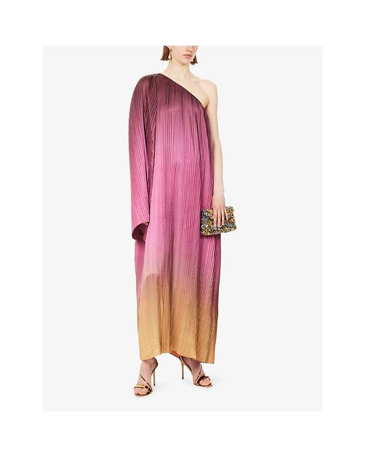 Dima Ayad Pink Ombre Pleated One Shoulder Woven Maxi Dress