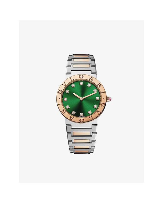 BVLGARI Green Unisex Bulgari Bulgari 18ct Rose Gold, Stainless-steel And Brilliant-cut Diamond Quartz Watch