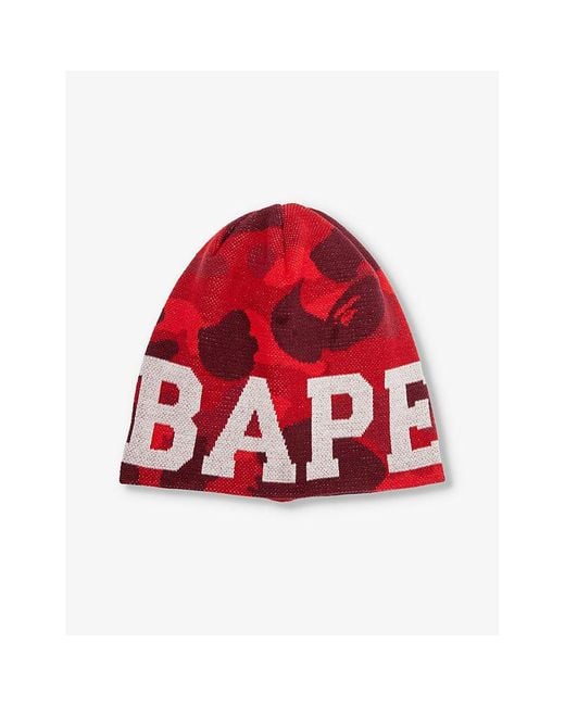 A Bathing Ape Red Camo Brand-intarsia Cotton-blend Beanie for men