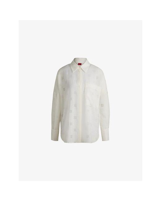 HUGO White Brand-Devoré Oversized-Fit Woven Shirt