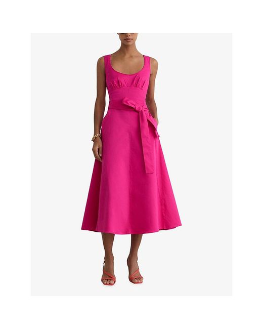 Reiss Pink Irina Belted-Waist Stretch-Cotton Midi Dress