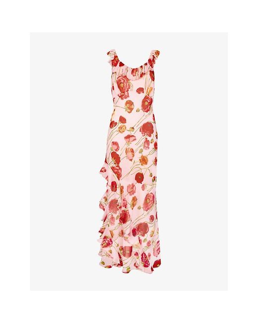 Ro&zo Red Poppy-Print Frill-Neck Woven Maxi Dress